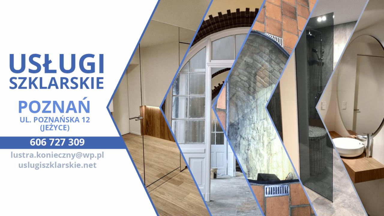 Mozaika zdjęć prezentująca usługi szklarskie: lustro w minimalistycznym wnętrzu, okno z podziałami, ceglany tunel, kabina prysznicowa i umywalka w nowoczesnej łazience, uzupełniona o dane...
