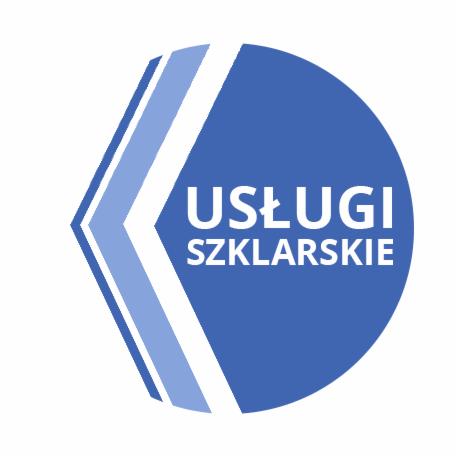 Niebieskie logo z białym napisem 'USŁUGI SZKLARSKIE' i stylizowaną strzałką po lewej stronie.
