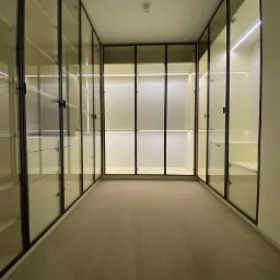 Przestronna garderoba z zabudową wnękową, szklane fronty z czarnymi ramami, oświetlenie LED, jasna wykładzina podłogowa.