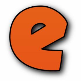 Pomarańczowa litera 'e' w stylu kreskówkowym z wyraźnym obrysem i cieniem, na białym tle.
