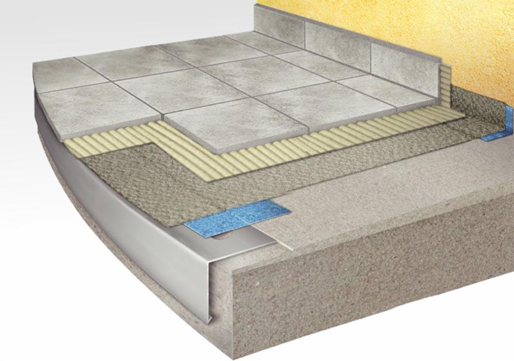 Przekrój warstw podłogi z szarymi płytkami ceramicznymi, widoczne warstwy izolacyjne i podkład, wykończenie listwą przypodłogową.