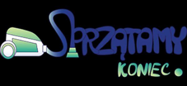 Ilustracja wektorowa z stylizowanym odkurzaczem i napisem 'Sprzątamy KONIEC' na czarnym tle.