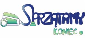 Logo firmy sprzątającej 'Sprzątamy Koniec' z graficznym przedstawieniem odkurzacza i napisem w kolorach niebieskim i zielonym.
