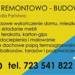 Grafika reklamowa firmy remontowo-budowlanej IWED, oferującej kompleksowe wykończenia domów i mieszkań, remonty, składanie mebli, usługi glazurnicze, docieplenia, malowanie, poszycia dachowe papą...