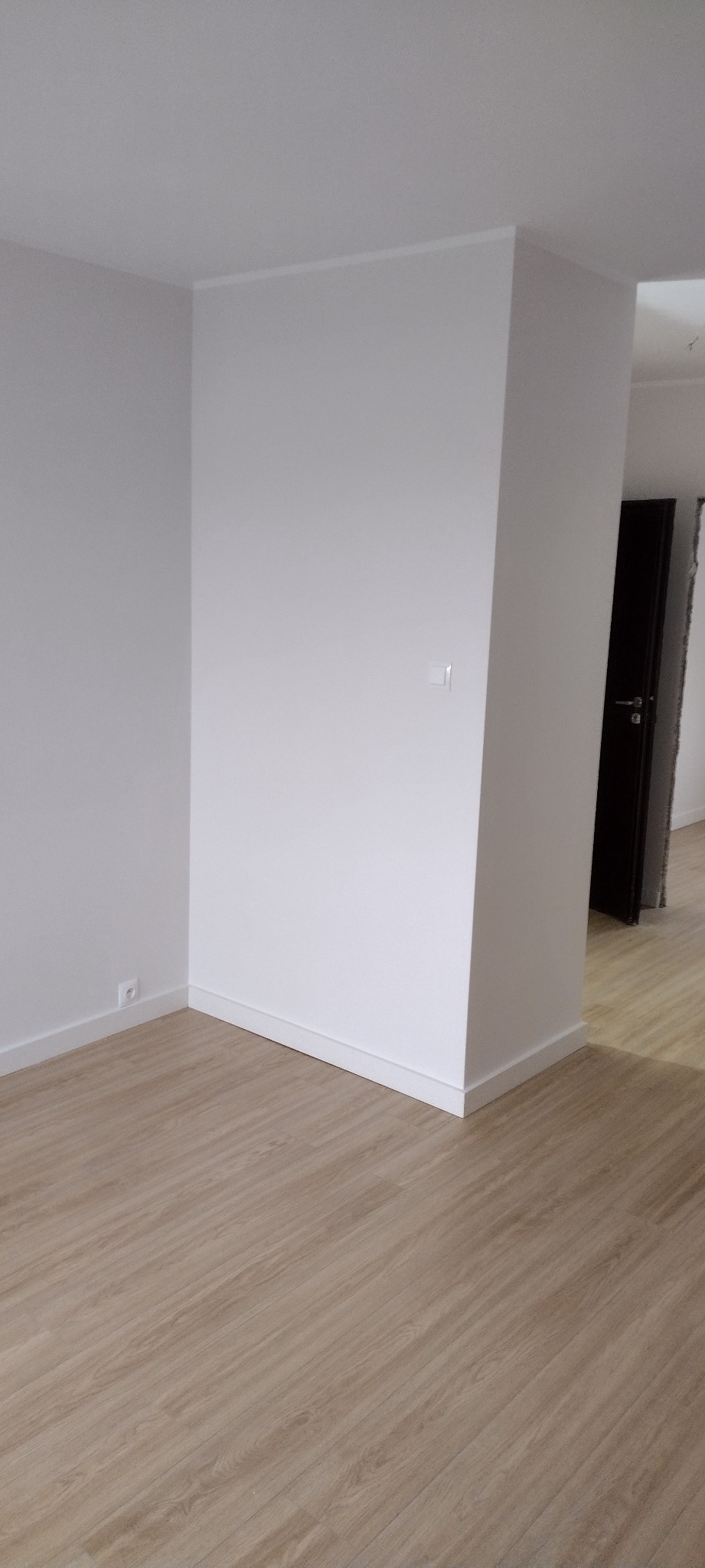 Wnętrze po odświeżeniu: białe ściany z listwami przypodłogowymi i panelami podłogowymi w odcieniach drewna, widoczny włącznik światła i fragment otwartych drzwi.