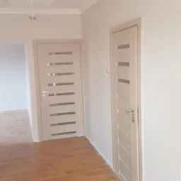 Świeżo pomalowane, jasne wnętrze w Rybniku z dwiema drewnianymi drzwiami z przeszkleniami i panelami podłogowymi w odcieniach brązu.