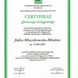 Skan certyfikatu głównego księgowego wydanego przez Stowarzyszenie Księgowych w Polsce dla Julity Mieczkowskiej-Miakisz, z datą wystawienia 22-06-2012 w Białymstoku.