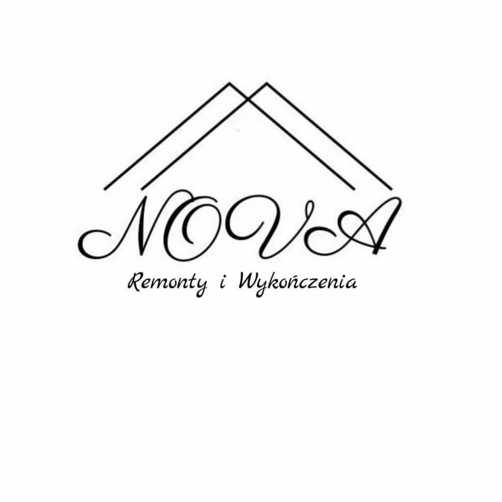 Eleganckie logo firmy NOVA: czarny, odręczny napis 'NOVA' z grafiką dachu i dopiskiem 'Remonty i Wykończenia' na białym tle.