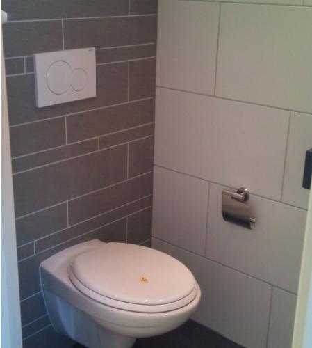 Wisząca toaleta z białym przyciskiem spłukującym na szarej ścianie z płytek ułożonych w ukośny wzór, uzupełnona białymi płytkami w większym formacie i metalowym uchwytem na papier toaletowy.