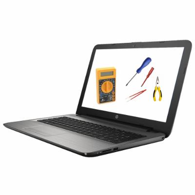 Laptop HP z otwartym ekranem, na którym wyświetlone są narzędzia: multimetr, śrubokręty, pęseta i szczypce.