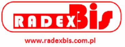 Czerwono-białe logo firmy RADEX-BIS z adresem strony internetowej www.radexbis.com.pl
