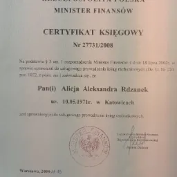 Skan Certyfikatu Księgowego wydanego przez Ministra Finansów dla Alicji Aleksandry Rdzanek, nr 27731/2008, Warszawa, 2008-11-13.