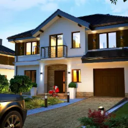 Nowoczesny, dwukondygnacyjny dom z białymi ścianami, ciemnym dachem i drewnianą elewacją na piętrze, oświetlony ciepłym światłem, z podjazdem wyłożonym kostką i zaparkowanym samochodem terenowym...