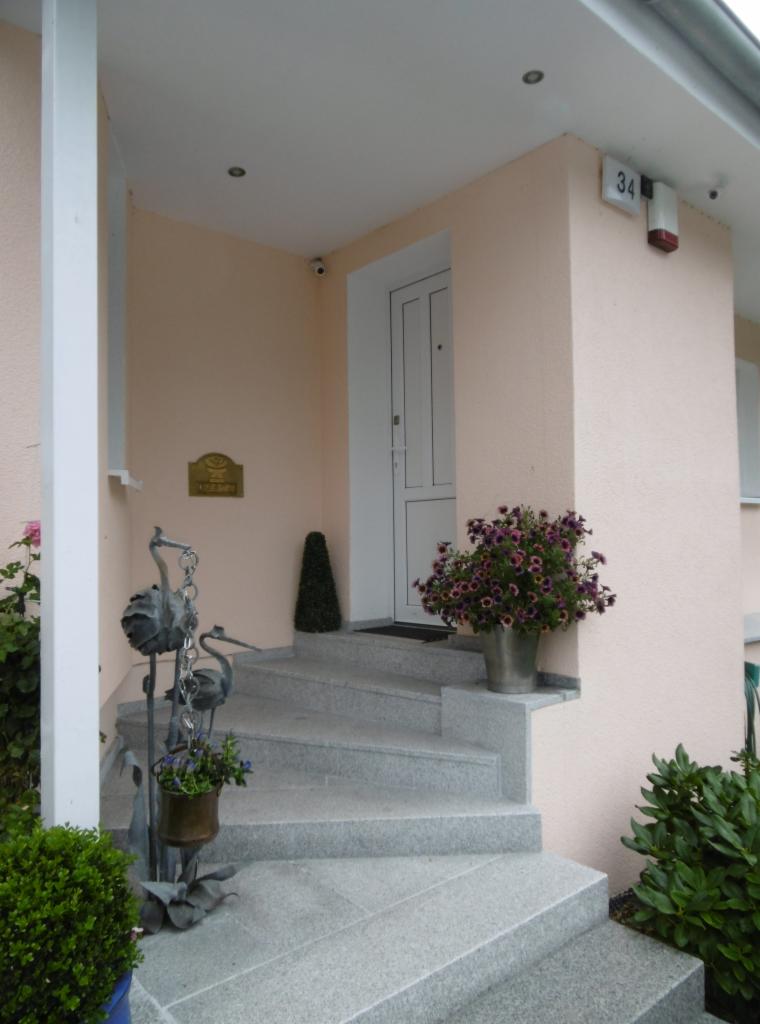 Granitowe schody wejściowe do domu z dekoracyjnymi roślinami w donicach i metalową rzeźbą żurawi, oświetlone lampami sufitowymi i z numerem domu '34' na ścianie.
