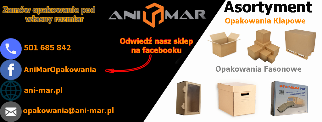 Asortyment opakowań: klapowe pudełka kartonowe w różnych rozmiarach, pudełko na palecie, fasonowe pudełka z okienkiem, pudełko z uchwytami oraz opakowanie premium HD na klocki hamulcowe, obok logo...