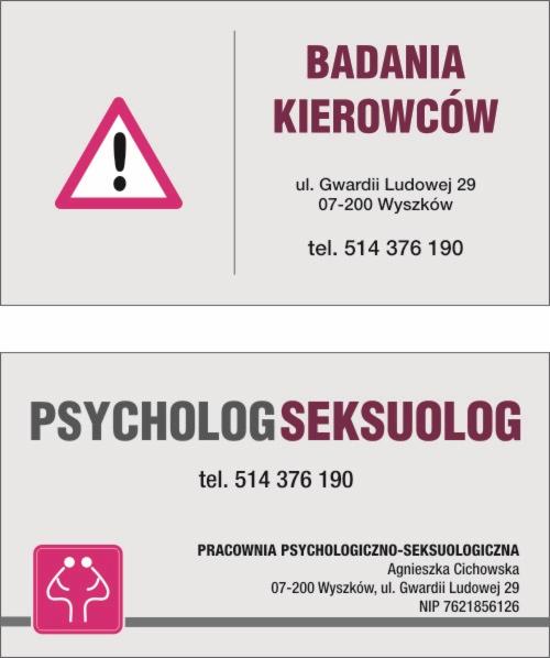 Wizytówka pracowni psychologiczno-seksuologicznej w Wyszkowie, z informacjami kontaktowymi i logo firmy. Na górze wizytówka z informacją o badaniach kierowców.