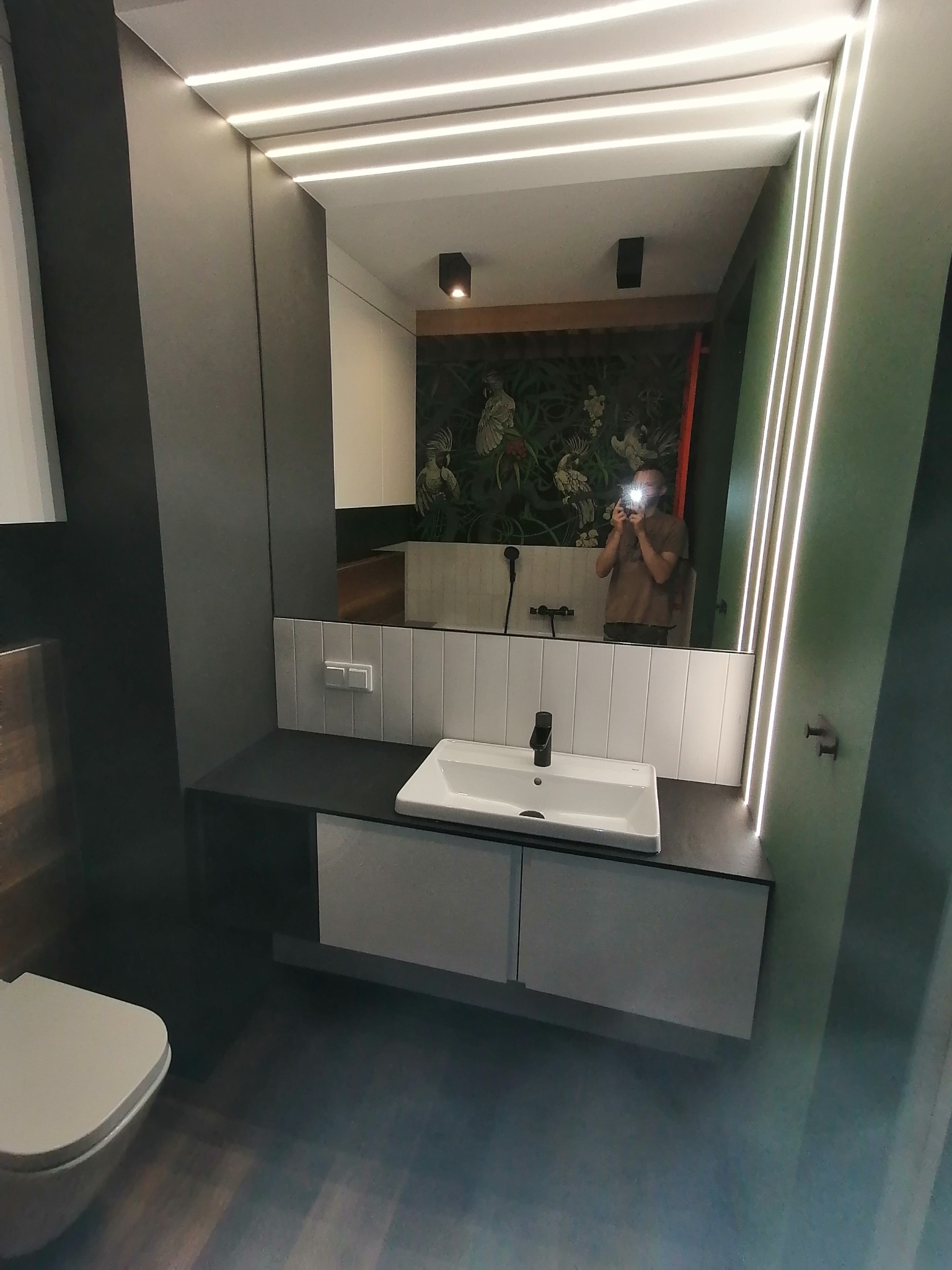 Nowoczesna łazienka w Jeżowem z podświetlanym lustrem, umywalką nablatową i toaletą. W tle widoczna ściana z motywem roślinnym.