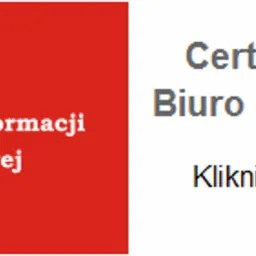 Logo firmy: Certyfikowane Biuro Rachunkowe. Po lewej stronie czerwony kwadrat z białym konturem orła w koronie i napisem Centrum Informacji Księgowej. Po prawej stronie napis Certyfikowane Biuro...