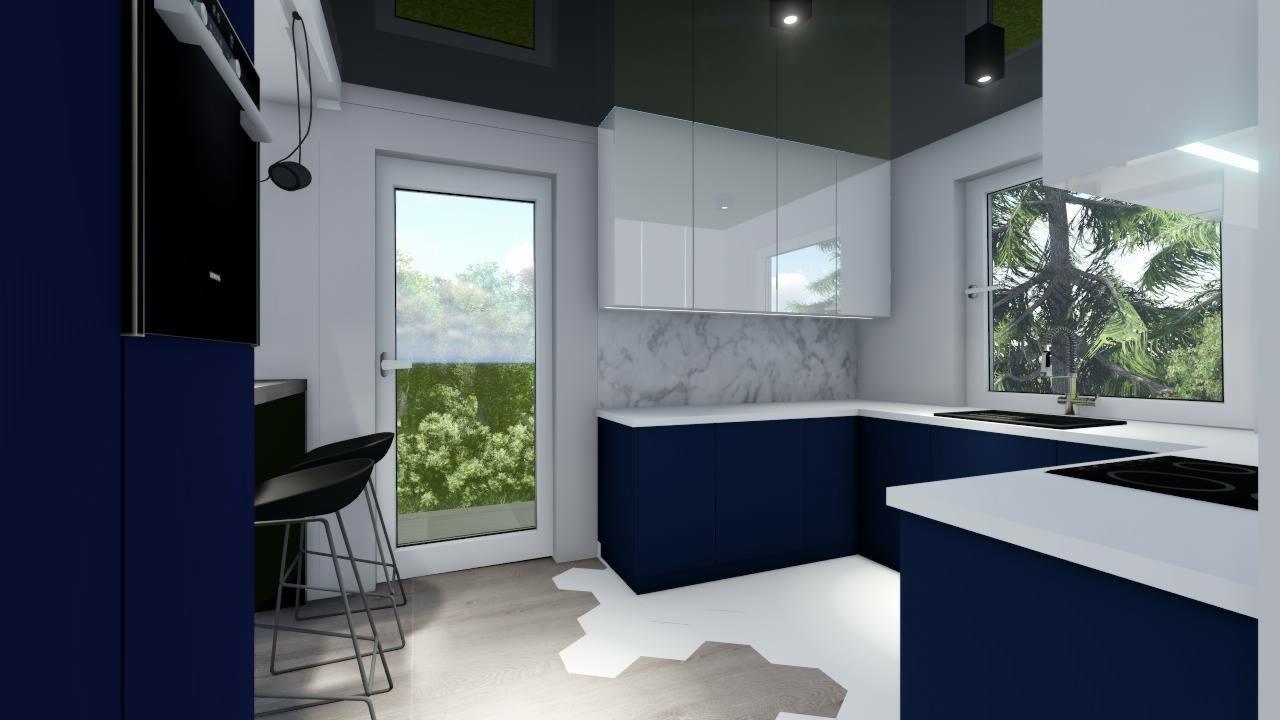 Wizualizacja nowoczesnej kuchni z granatowymi szafkami, białymi blatami i marmurowym backsplashiem, z widokiem na zieleń przez okno i drzwi balkonowe.