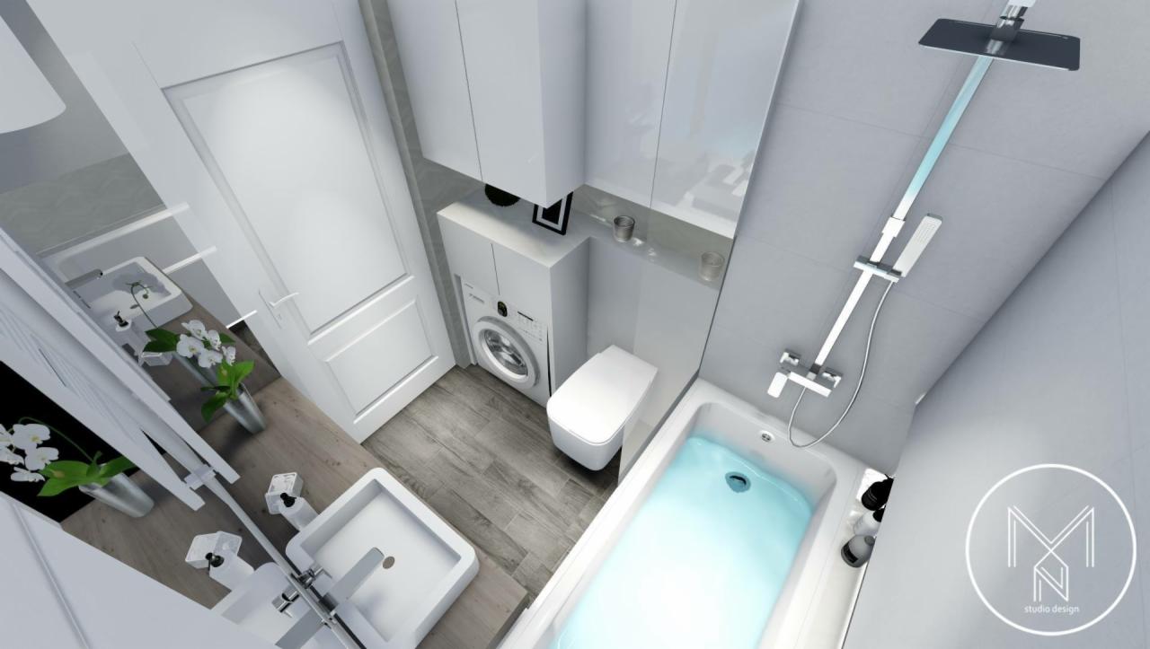 Wizualizacja małej łazienki z pralką ukrytą w zabudowie, białą armaturą, szarą glazurą i drewnopodobną podłogą, widziana z góry.