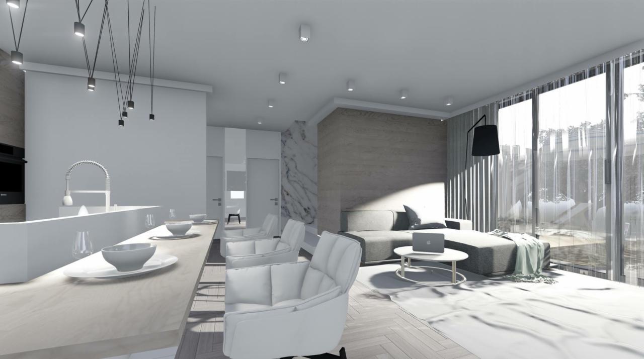 Wizualizacja przestronnego, nowoczesnego wnętrza w Częstochowie z otwartą kuchnią, jadalnią i salonem, utrzymana w jasnej kolorystyce z przewagą bieli i szarości, z minimalistycznym oświetleniem...