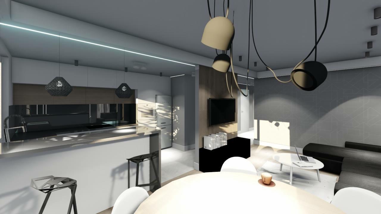 Wizualizacja wnętrza mieszkania z otwartą kuchnią, wyspą kuchenną z hokerami, designerskimi lampami wiszącymi nad stołem jadalnym i salonem z sofą oraz stolikiem kawowym z laptopem.