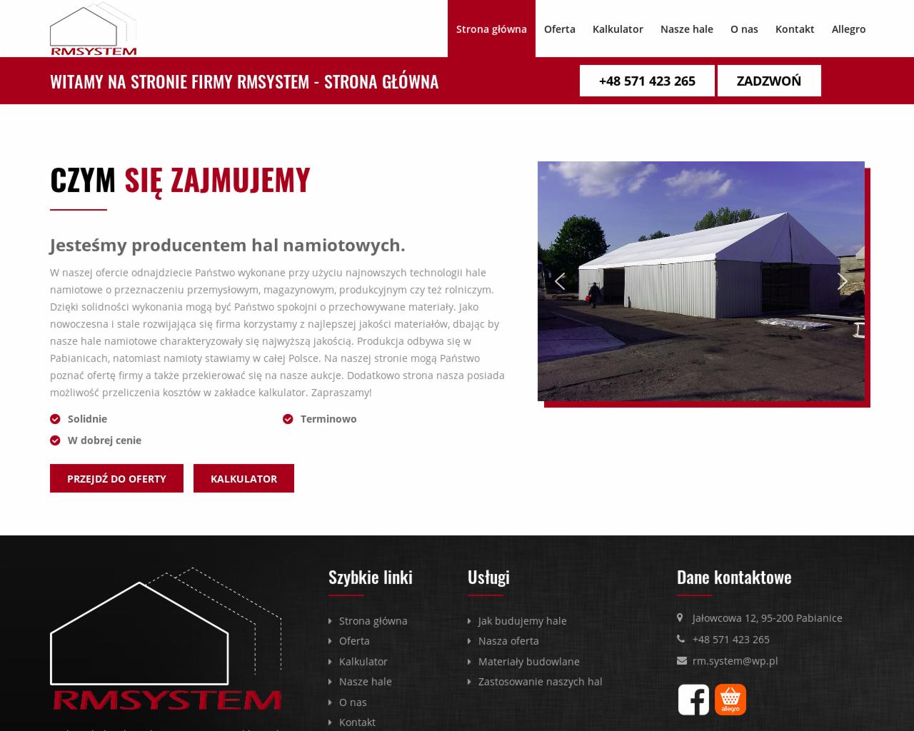 Strona dla producenta hal stalowych. Zawiera mechanizm wyceny hali.