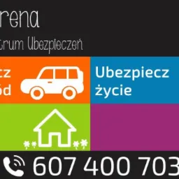 Grafika reklamowa Centrum Ubezpieczeń Syrena z ikonami: samochód, dom, ludzie, fabryka, oraz numerem telefonu.