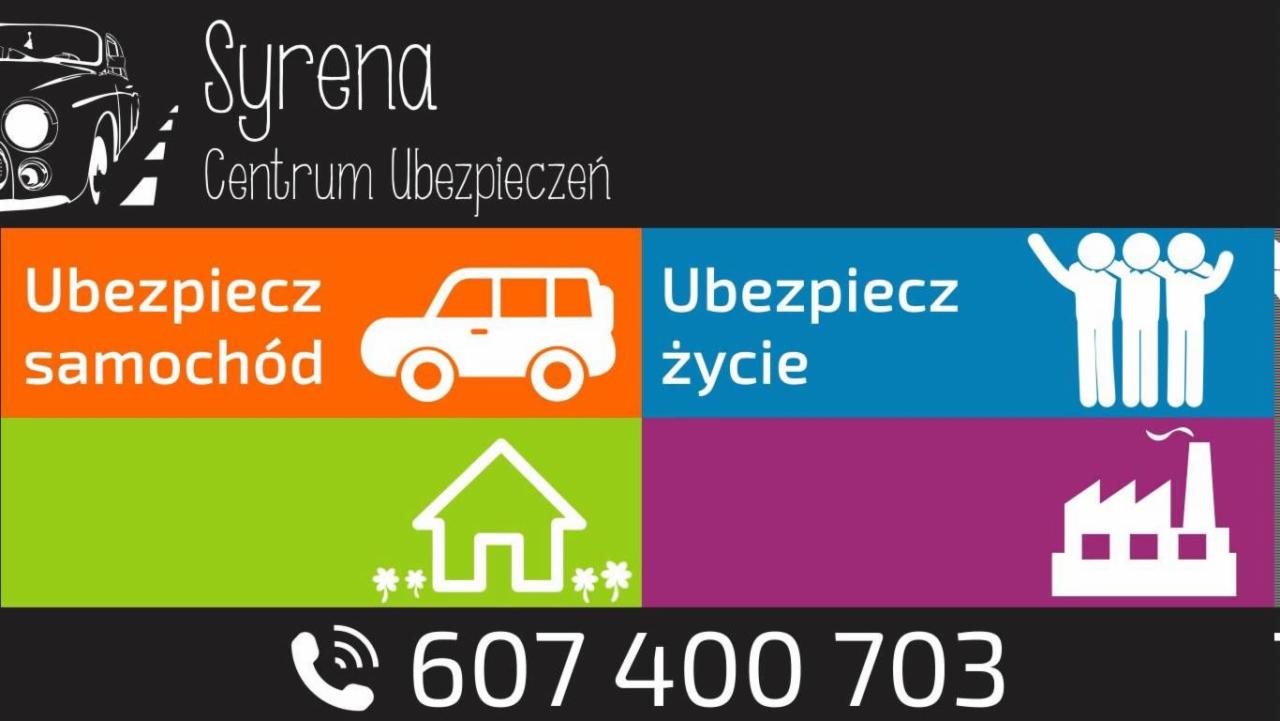 Grafika reklamowa Centrum Ubezpieczeń Syrena z ikonami: samochód, dom, ludzie, fabryka, oraz numerem telefonu.