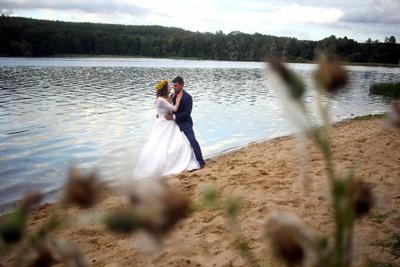 Para młoda w objęciach na piaszczystej plaży nad jeziorem; w tle las, a na pierwszym planie rozmyte rośliny.