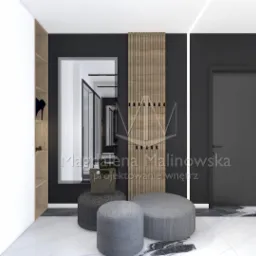 Wizualizacja projektu przedpokoju z szarą kolorystyką, drewnianymi lamelami na ścianie, lustrem w czarnej ramie i trzema pufami w r&oacute;żnych odcieniach szarości na marmurowej podłodze.