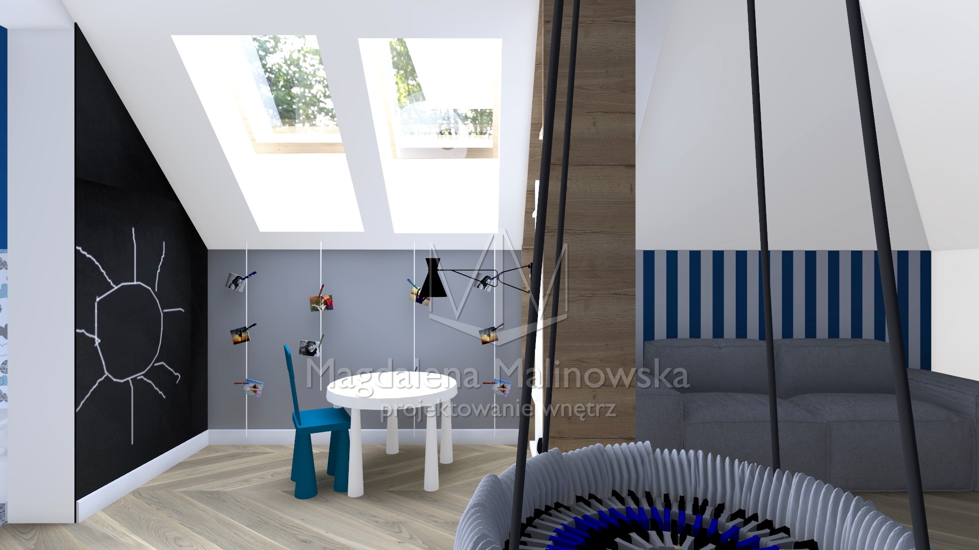 Wizualizacja pokoju dziecięcego na poddaszu z tablicą kredową, wiszącymi zdjęciami, okrągłym stolikiem, krzesłem i huśtawką wiszącą.