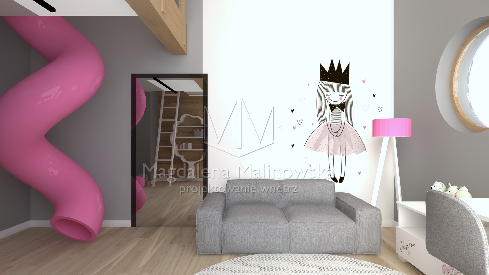 Wizualizacja pokoju dziecięcego z różową zjeżdżalnią, szarą sofą, grafiką księżniczki na ścianie, okrągłym oknem i drewnianymi elementami konstrukcyjnymi.