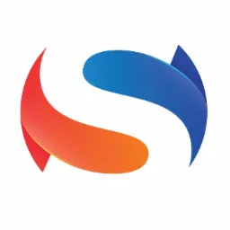 Abstrakcyjne logo w kształcie litery S, z płynnymi przejściami kolorystycznymi od czerwieni do pomarańczu i odcieni błękitu, na białym tle.