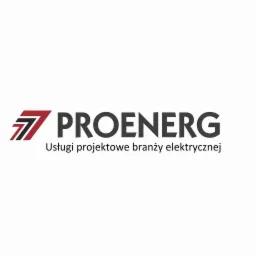 Logo firmy PROENERG z czerwono-czarnym symbolem graficznym i tekstem 'Usługi projektowe branży elektrycznej' poniżej.