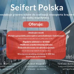 Reklama firmy transportowej Seifert Polska poszukującej przewoźników do stałej współpracy, z widocznymi dwoma samochodami ciężarowymi i danymi kontaktowymi.