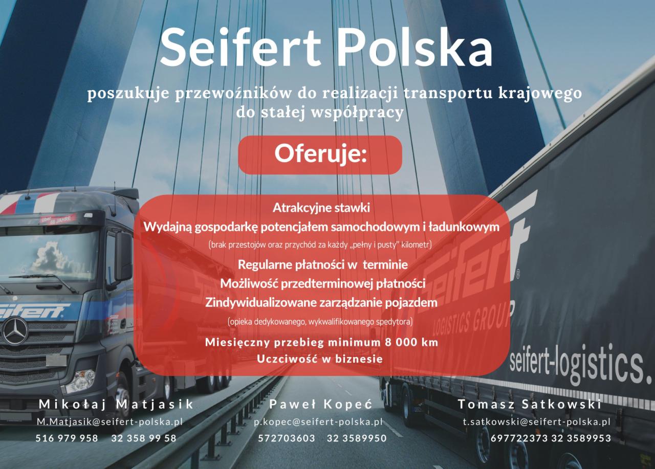 Reklama firmy transportowej Seifert Polska poszukującej przewoźników do stałej współpracy, z widocznymi dwoma samochodami ciężarowymi i danymi kontaktowymi.