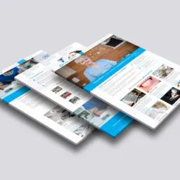 Mockup trzech stron internetowych z układem kaskadowym, prezentujących usługi stomatologiczne firmy QORADENT, z wyraźnym brandingiem i treścią informacyjną.