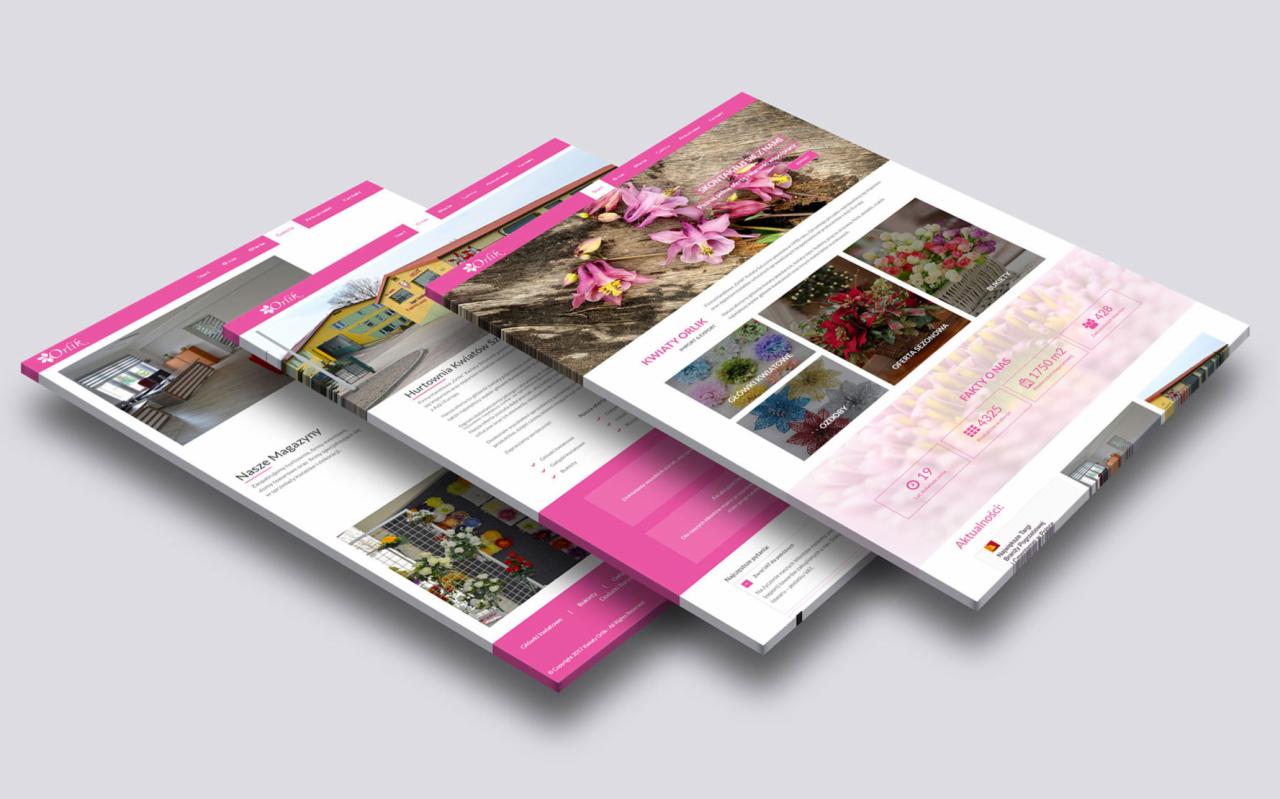 Mockup trzech stron internetowych firmy z Mrągowa, specjalizującej się w sprzedaży kwiatów, z różnymi układami i elementami graficznymi, prezentowany w perspektywie 3D na jasnym tle.