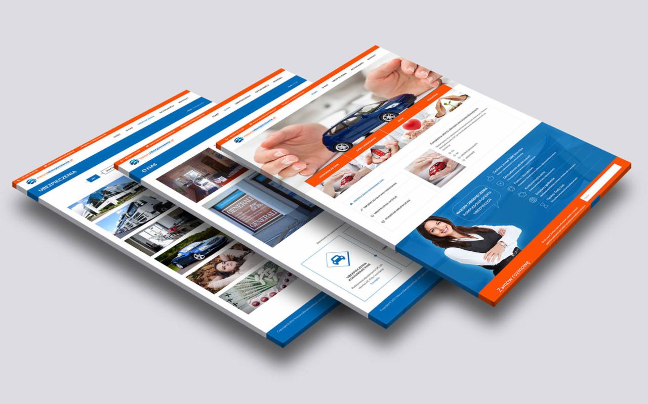 Trzy ekrany komputera ustawione kaskadowo, prezentujące projekt strony internetowej dla firmy ubezpieczeniowej z motywami samochodowymi i wizerunkiem kobiety.