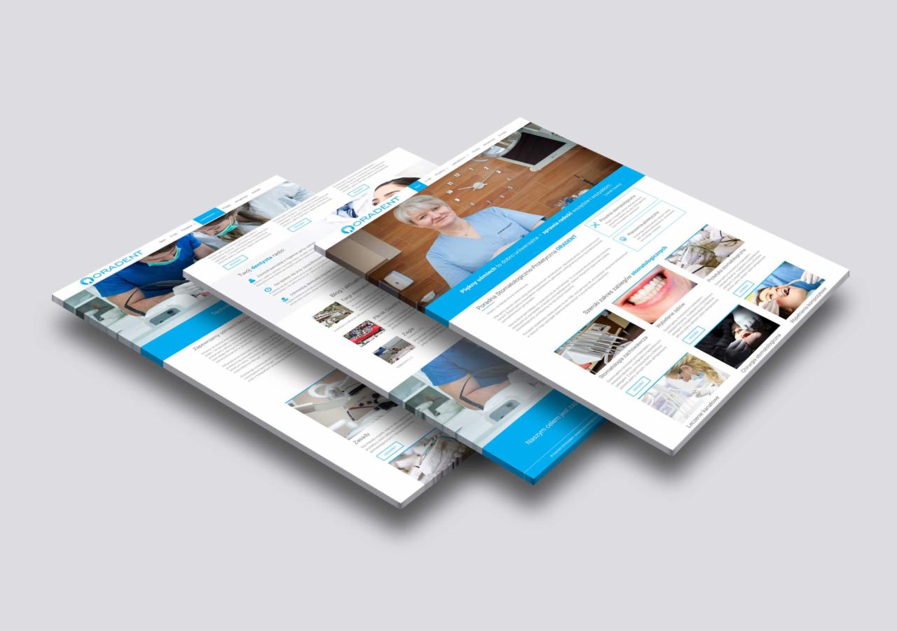 Mockup trzech stron internetowych z układem kaskadowym, prezentujących usługi stomatologiczne firmy QORADENT, z wyraźnym brandingiem i treścią informacyjną.