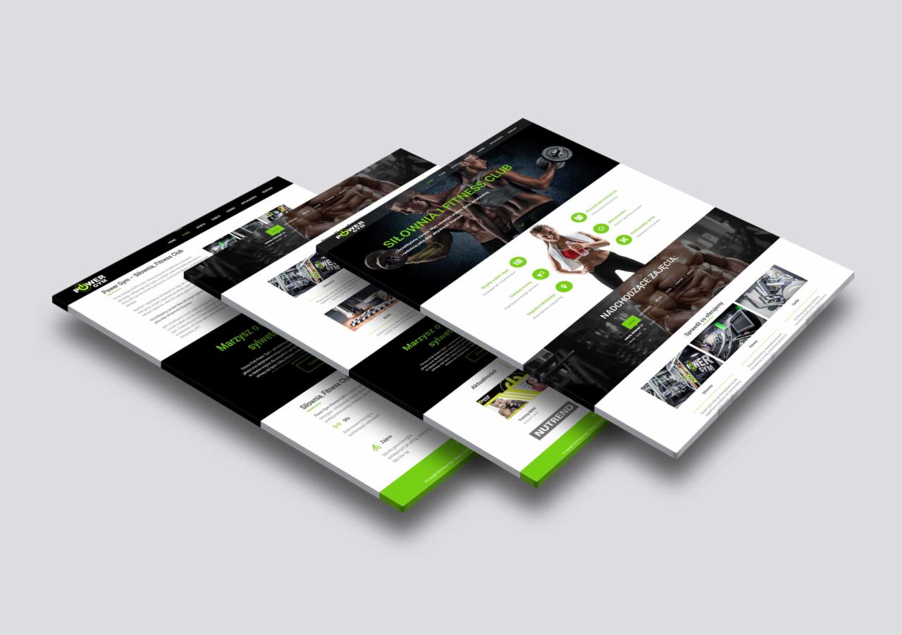 Makieta kilku stron internetowych siłowni Power Gym z czarno-zieloną kolorystyką, ułożonych warstwowo pod kątem na jasnym tle.