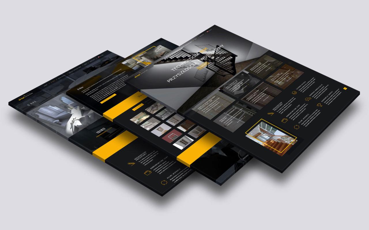 Prezentacja kilku stron internetowych w czarno-żółtej kolorystyce, z widocznymi elementami interfejsu i projektami wnętrz.