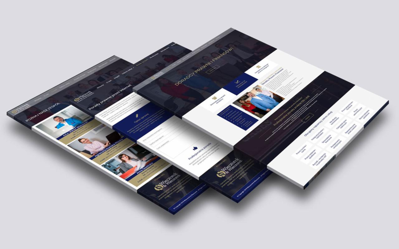 Prezentacja trzech ekranów responsywnej strony internetowej kancelarii prawnej, ukazująca różne podstrony: zespół, porady online, doradcy prawni i finansowi.