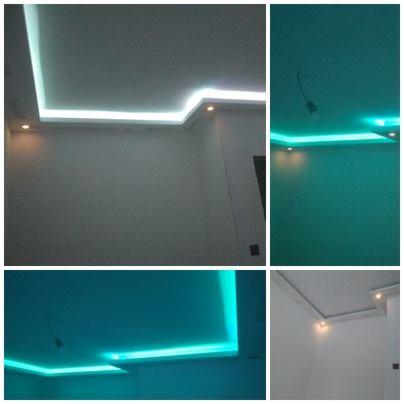 Kolaż przedstawiający fragmenty sufitu z różnym oświetleniem LED: białe, turkusowe i ciepłe, zamontowanym wzdłuż krawędzi i na listwach. Widoczne przewody wystające z sufitu w niektórych ujęciach.