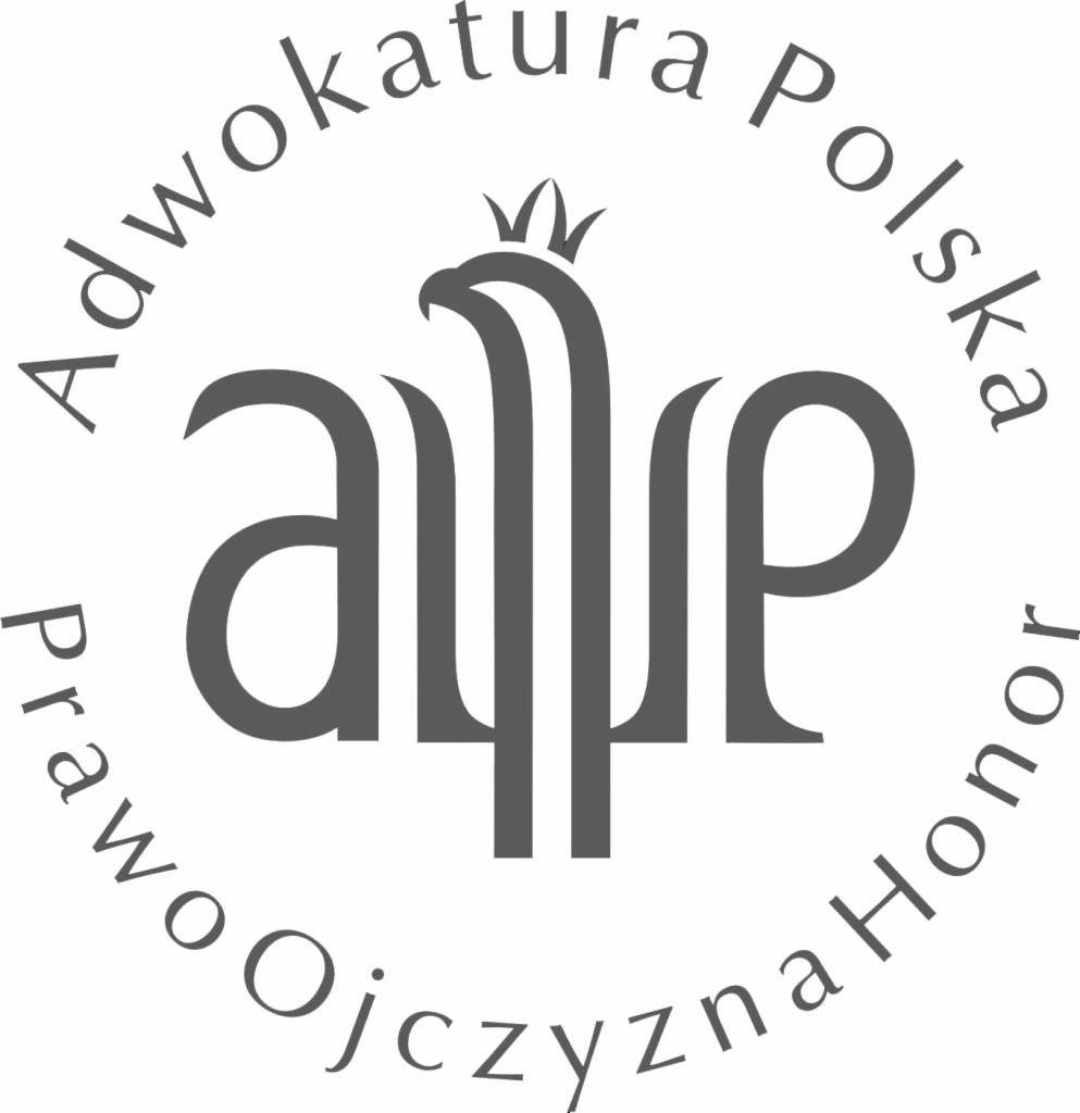 Szare logo Adwokatury Polskiej z stylizowanym orłem w koronie i napisem 'Prawo Ojczyzna Honor' otaczającym centralny motyw.