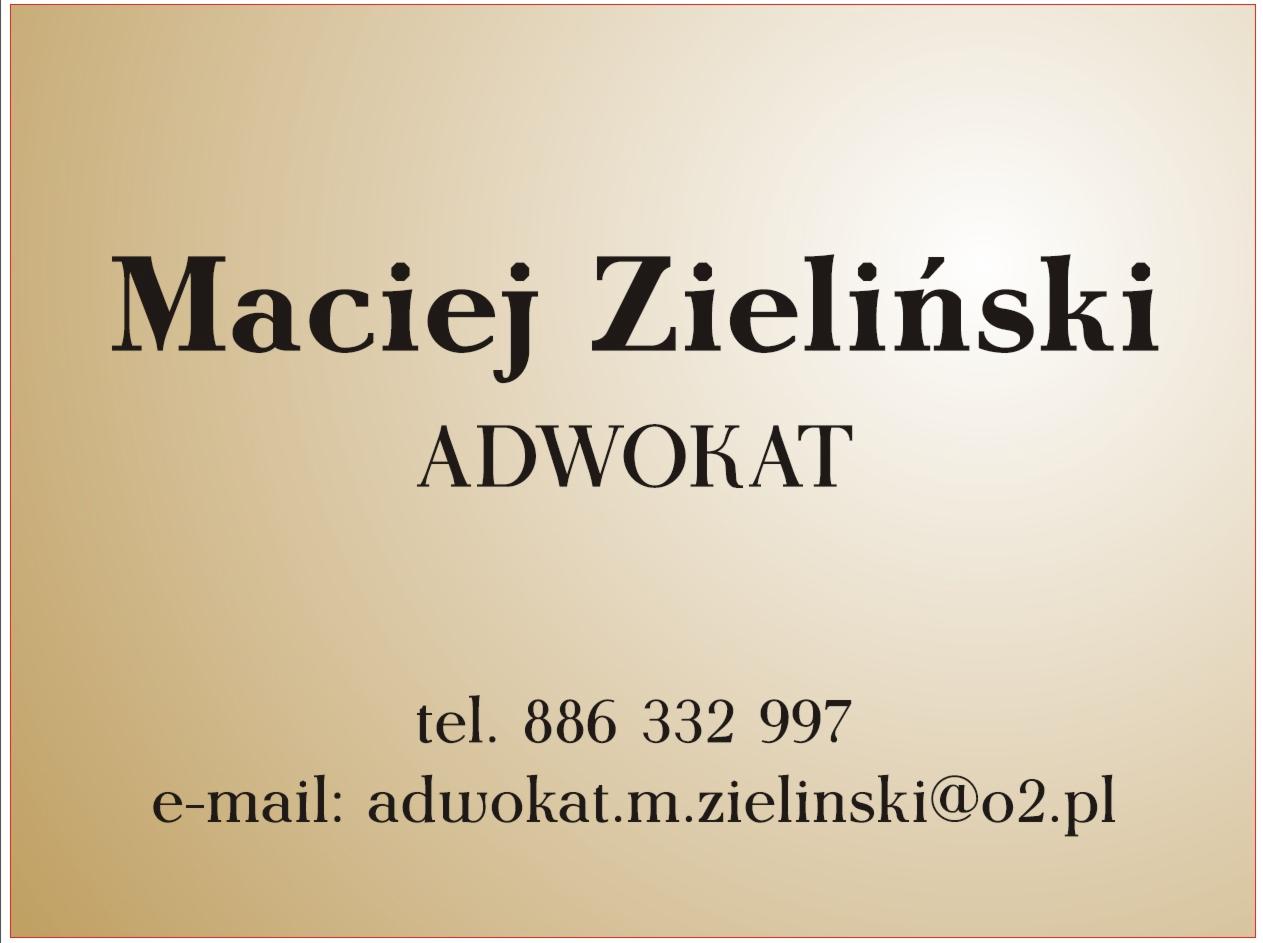 Wizytówka adwokata Macieja Zielińskiego z numerem telefonu i adresem e-mail na beżowym tle.