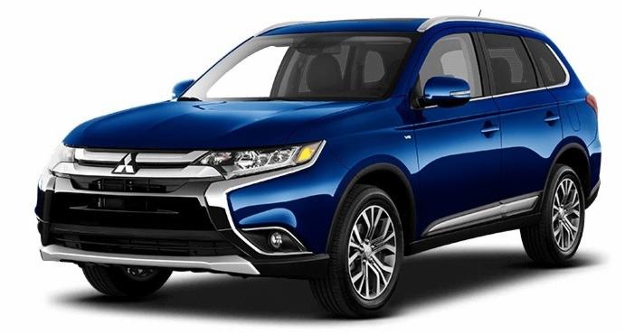 Niebieski SUV Mitsubishi Outlander z chromowanymi akcentami, sfotografowany z boku, na białym tle.