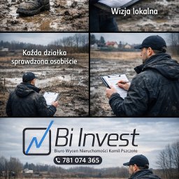 Bi Invest Biuro Wycen Nieruchomości - Wycena nieruchomości w terenie: wizja lokalna działki. Rzeczoznawca w terenie błotnistym, sporządza notatki. Logo Bi Invest. Działka sprawdzona osobiście.