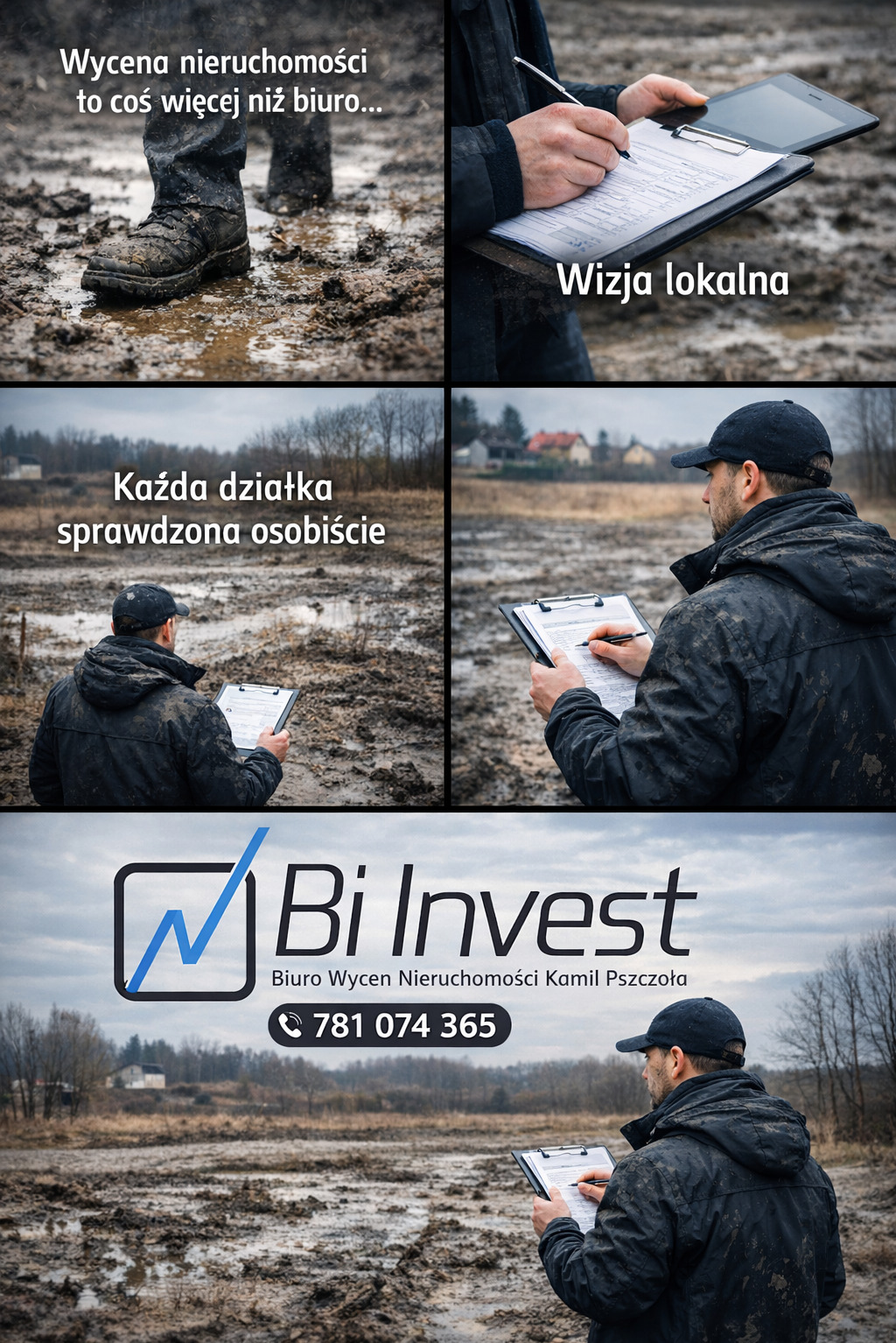 Wycena nieruchomości w terenie: wizja lokalna działki. Rzeczoznawca w terenie błotnistym, sporządza notatki. Logo Bi Invest. Działka sprawdzona osobiście.